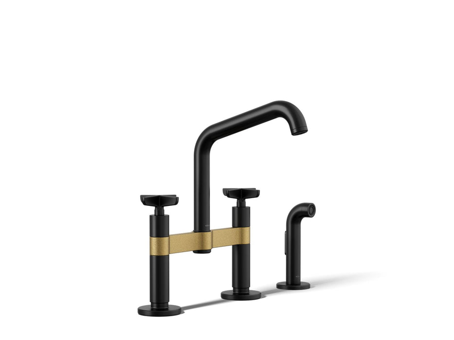 KOHLER K-28665-3 Billet Two-hole bridge kitchen sink faucet with side sprayer