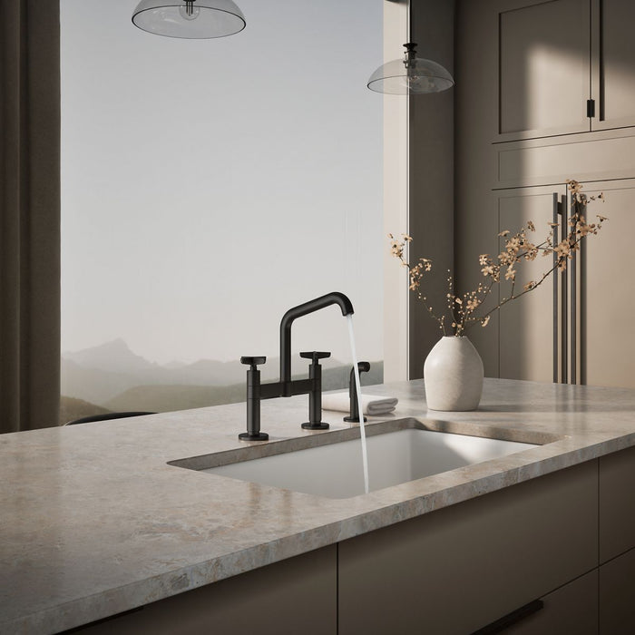 KOHLER K-28665-3 Billet Two-hole bridge kitchen sink faucet with side sprayer