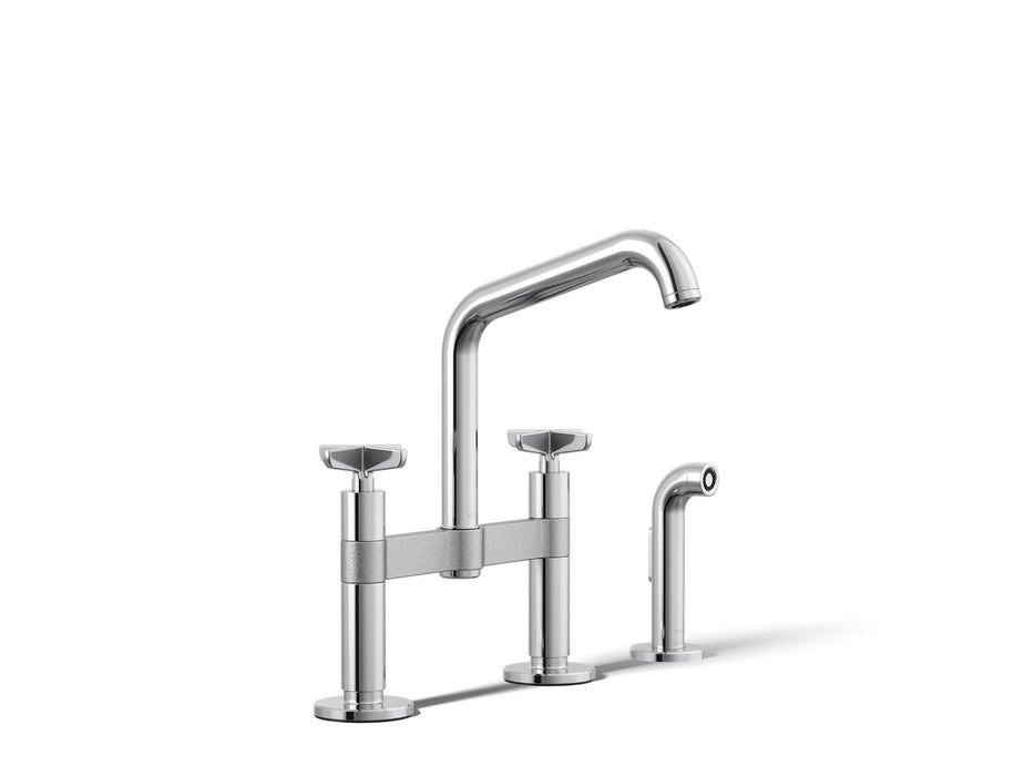 KOHLER K-28665-3 Billet Two-hole bridge kitchen sink faucet with side sprayer