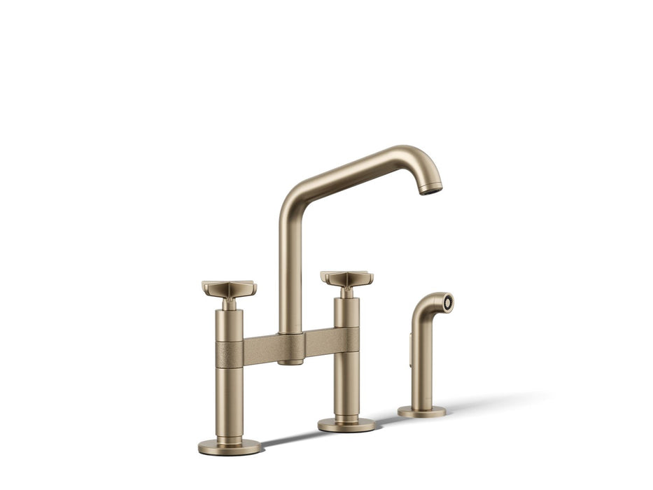 KOHLER K-28665-3 Billet Two-hole bridge kitchen sink faucet with side sprayer