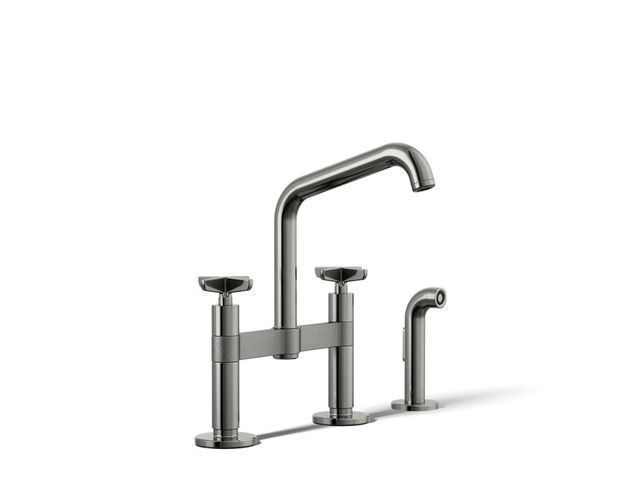 KOHLER K-28665-3 Billet Two-hole bridge kitchen sink faucet with side sprayer
