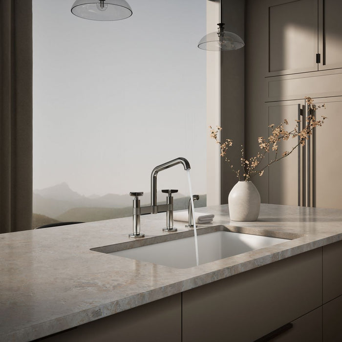 KOHLER K-28665-3 Billet Two-hole bridge kitchen sink faucet with side sprayer