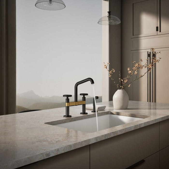 KOHLER K-28665-9 Billet Two-hole bridge kitchen sink faucet with side sprayer