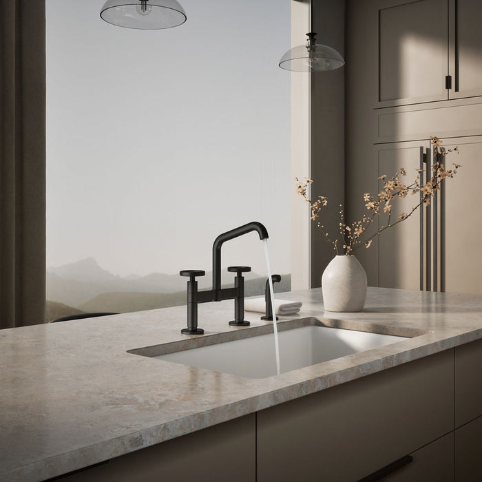 KOHLER K-28665-9 Billet Two-hole bridge kitchen sink faucet with side sprayer