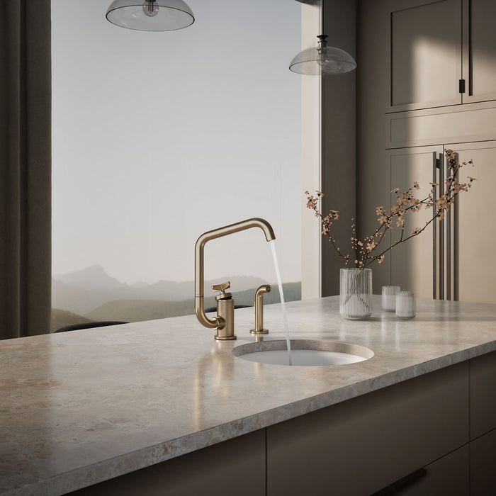 KOHLER K-28667-3 Billet Single-handle bar sink faucet with two-function extended-reach spout and side sprayer