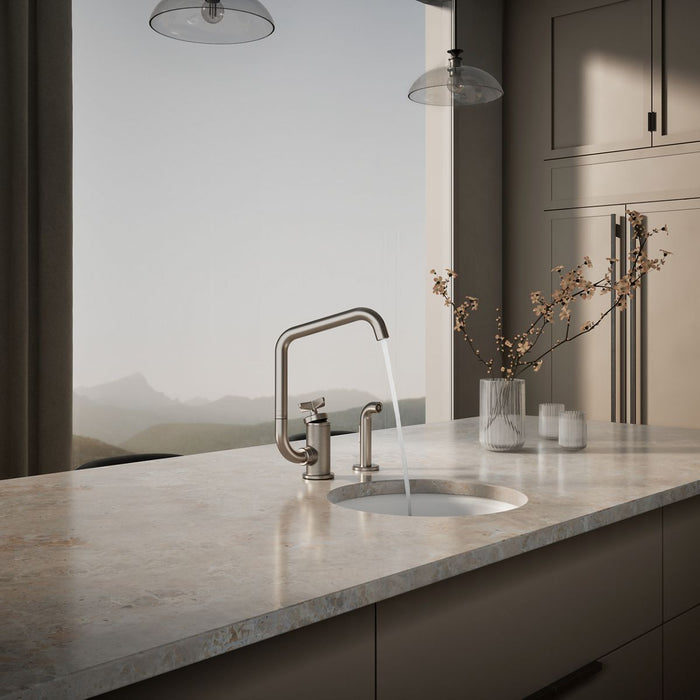 KOHLER K-28667-3 Billet Single-handle bar sink faucet with two-function extended-reach spout and side sprayer