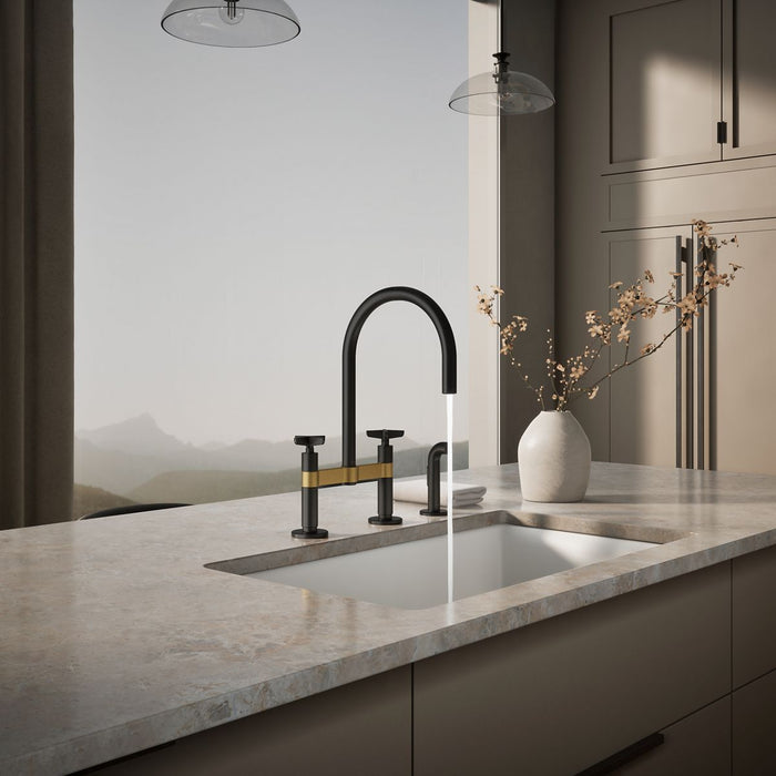 KOHLER K-28673-3 Billet Two-hole bridge kitchen sink faucet with side sprayer