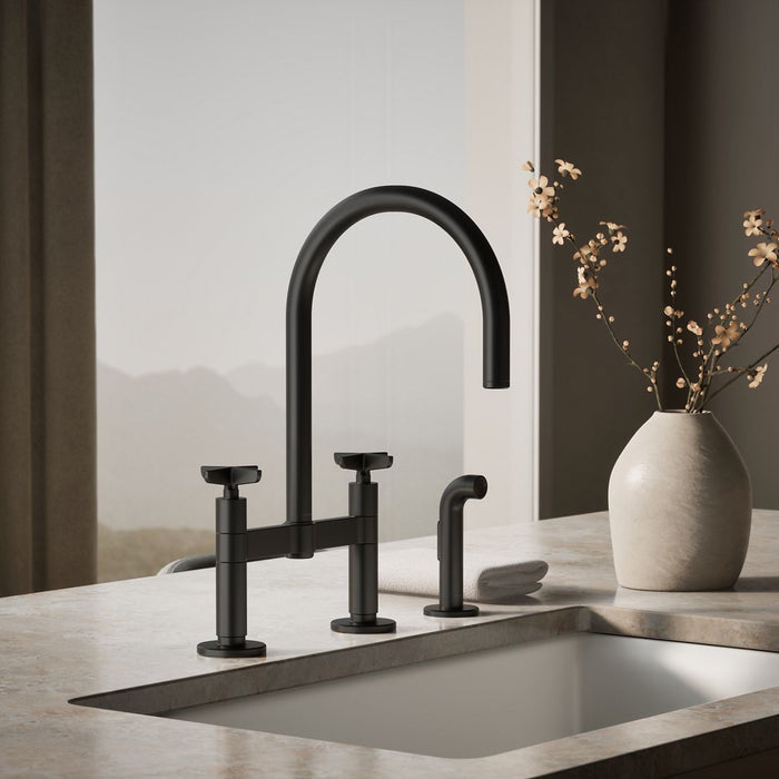 KOHLER K-28673-3 Billet Two-hole bridge kitchen sink faucet with side sprayer