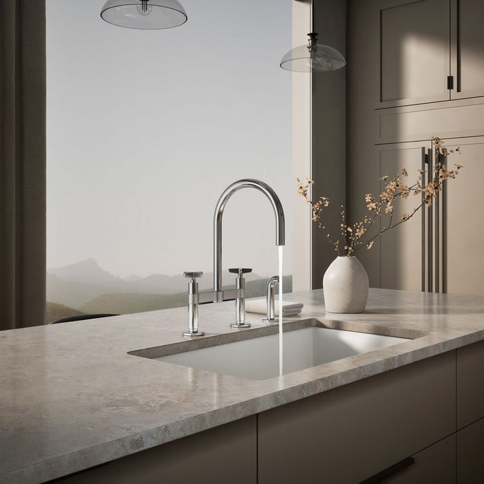 KOHLER K-28673-3 Billet Two-hole bridge kitchen sink faucet with side sprayer