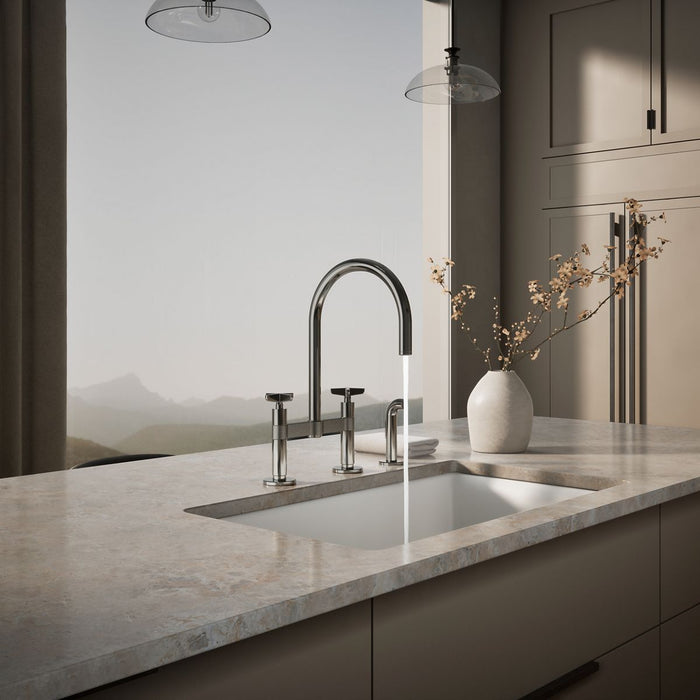 KOHLER K-28673-3 Billet Two-hole bridge kitchen sink faucet with side sprayer