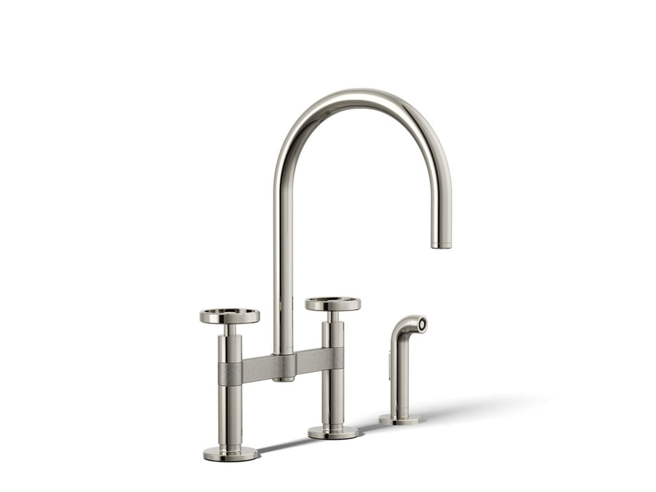 KOHLER K-28673-9 Billet Two-hole bridge kitchen sink faucet with side sprayer