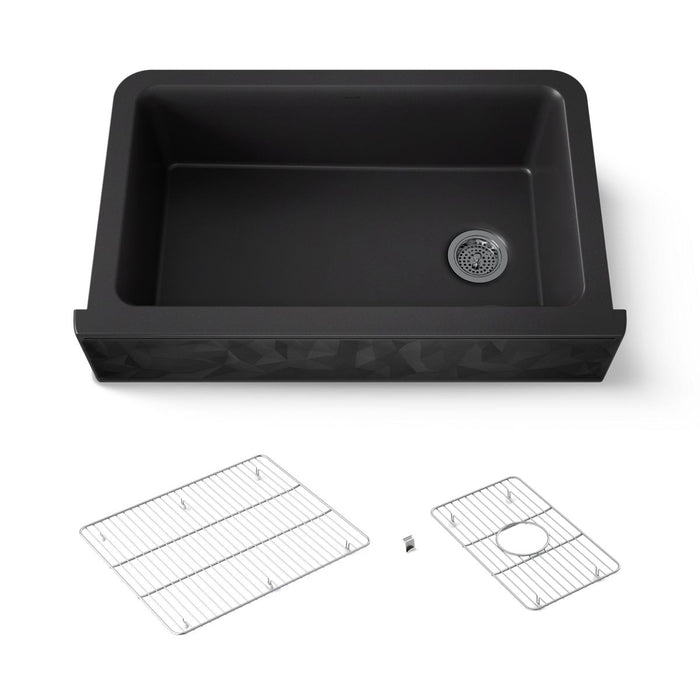 Kohler Cairn 34" undermount single-bowl farmhouse kitchen sink with faceted design
