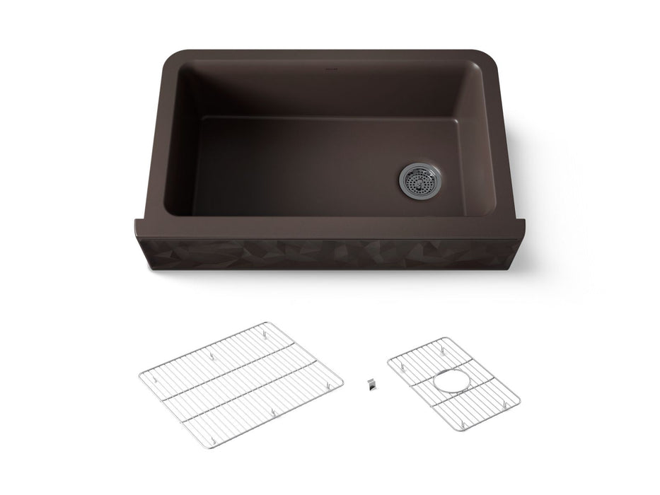 Kohler Cairn 34" undermount single-bowl farmhouse kitchen sink with faceted design