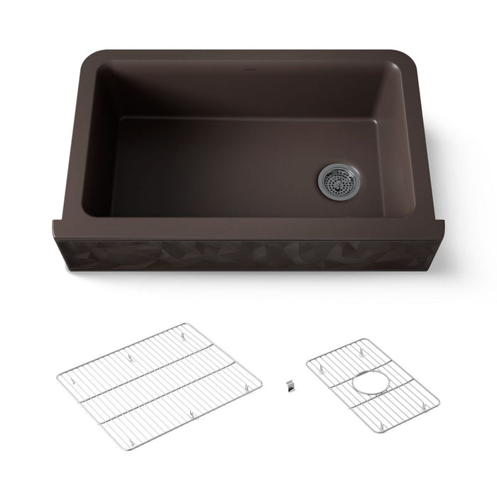 Kohler Cairn 34" undermount single-bowl farmhouse kitchen sink with faceted design
