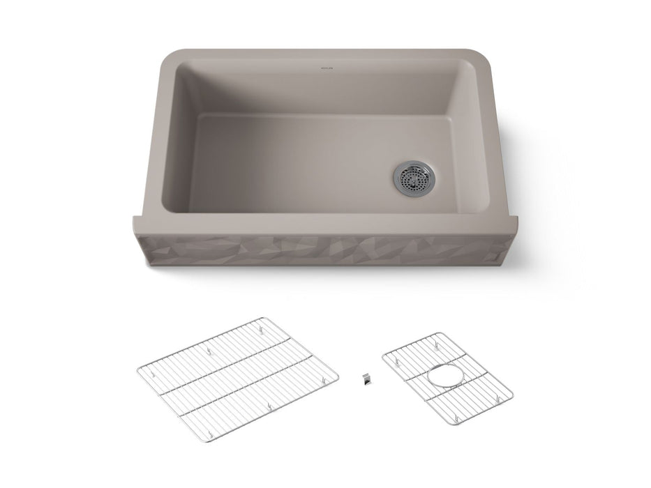 Kohler Cairn 34" undermount single-bowl farmhouse kitchen sink with faceted design