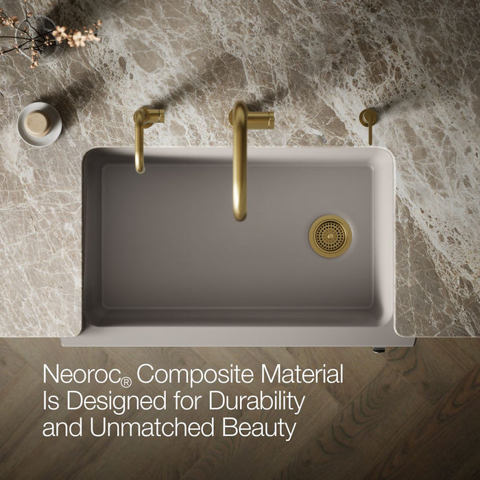 Kohler Cairn 34" undermount single-bowl farmhouse kitchen sink with faceted design