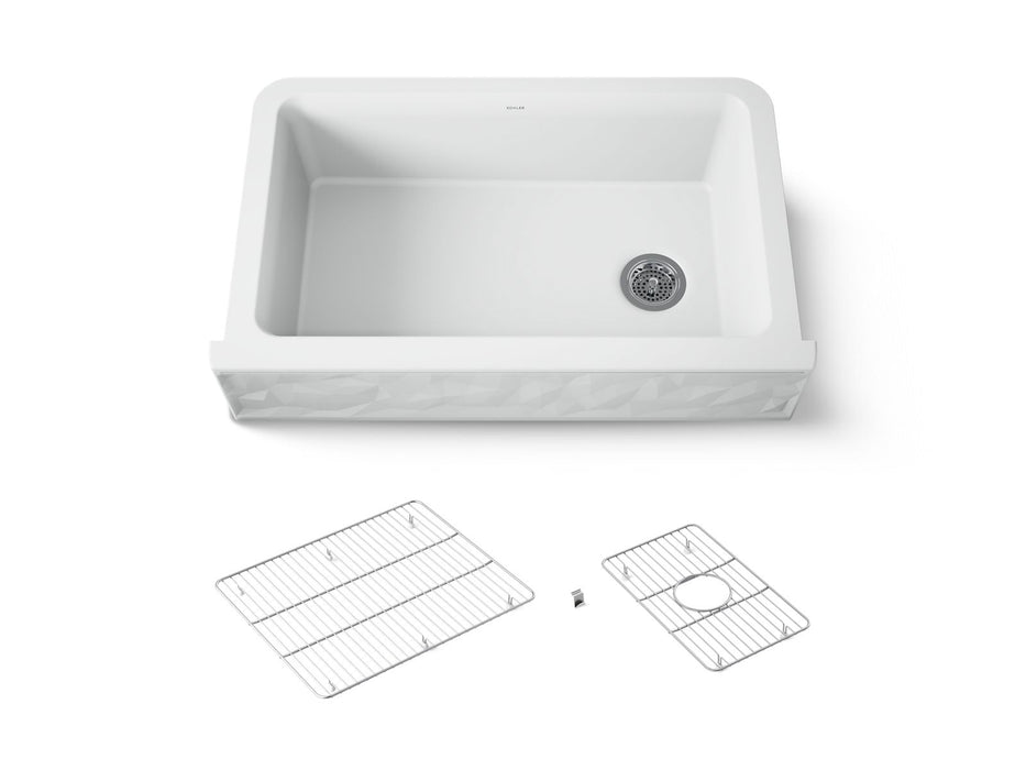 KOHLER K-29825 Cairn 34" undermount single-bowl farmhouse kitchen sink with faceted design