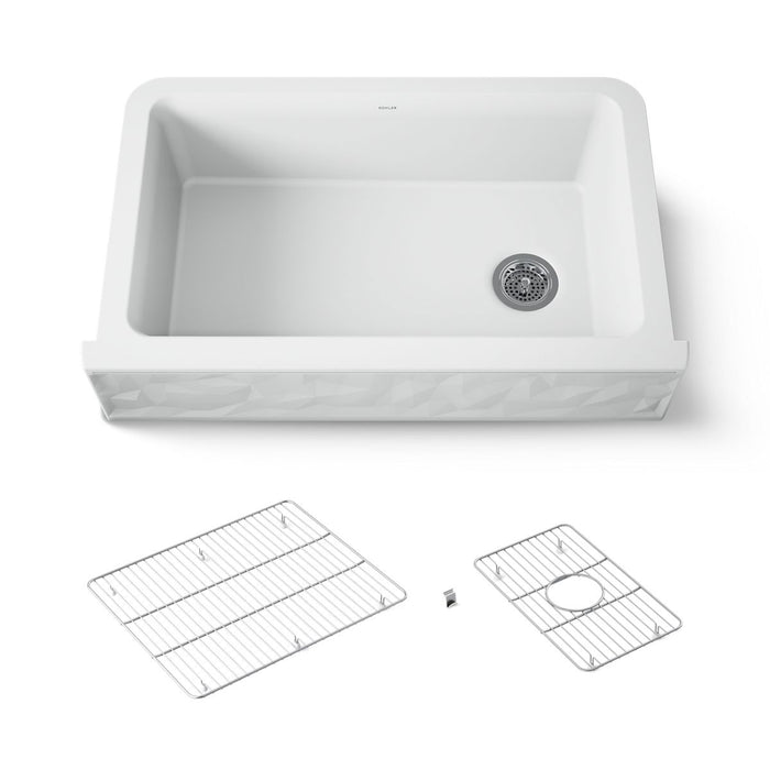 KOHLER K-29825 Cairn 34" undermount single-bowl farmhouse kitchen sink with faceted design