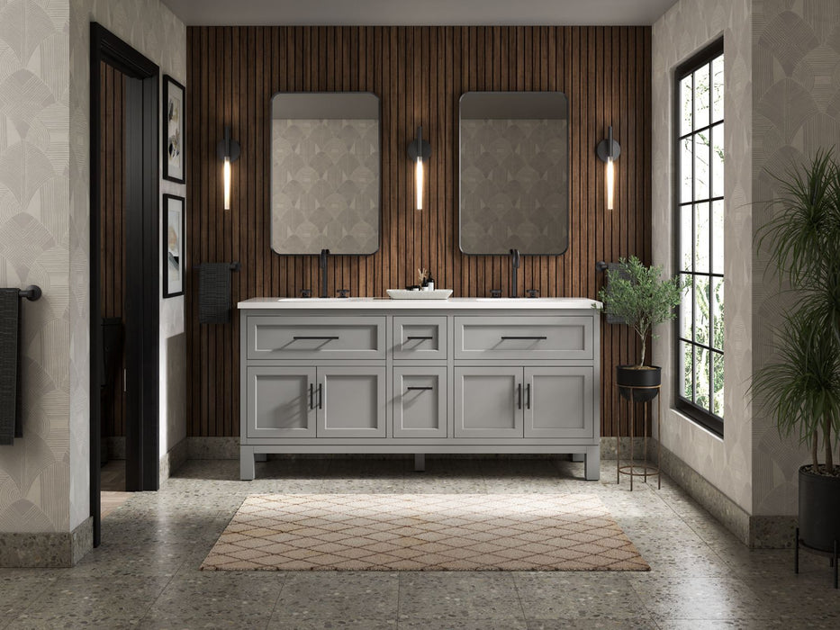 Kohler Quo 72" bathroom vanity cabinet with sinks and quartz top