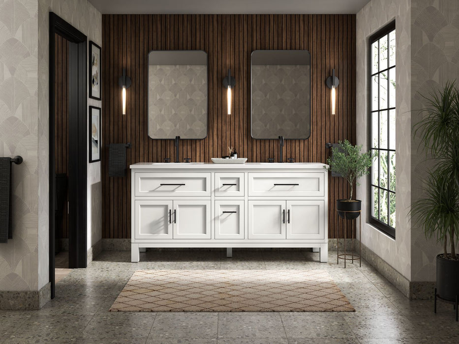 Kohler Quo 72" bathroom vanity cabinet with sinks and quartz top