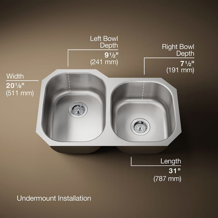 KOHLER Undertone 31" undermount double-bowl kitchen sink