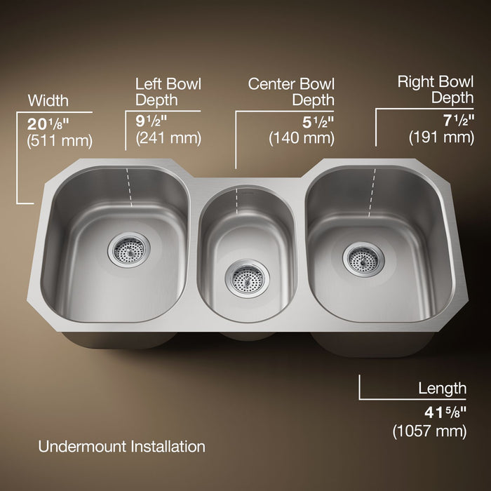 KOHLER K-3166 Undertone 41-3/4" undermount triple-bowl kitchen sink