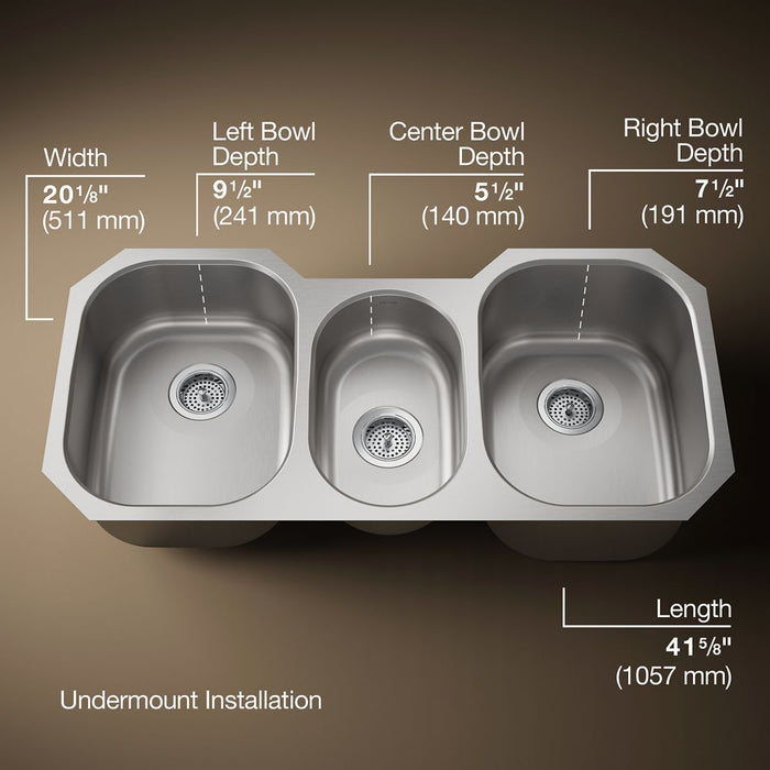 KOHLER Undertone 41-3/4" undermount triple-bowl kitchen sink