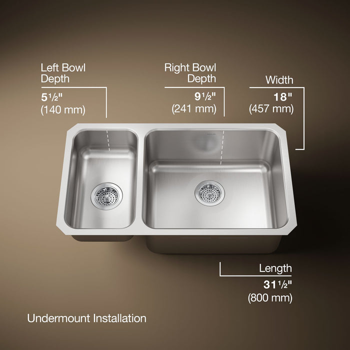 KOHLER K-3174-L Undertone 31-1/2" undermount double-bowl kitchen sink