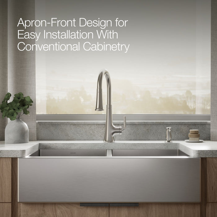 KOHLER K-33159 Strive 35-1/2" undermount double-bowl farmhouse kitchen sink with accessories