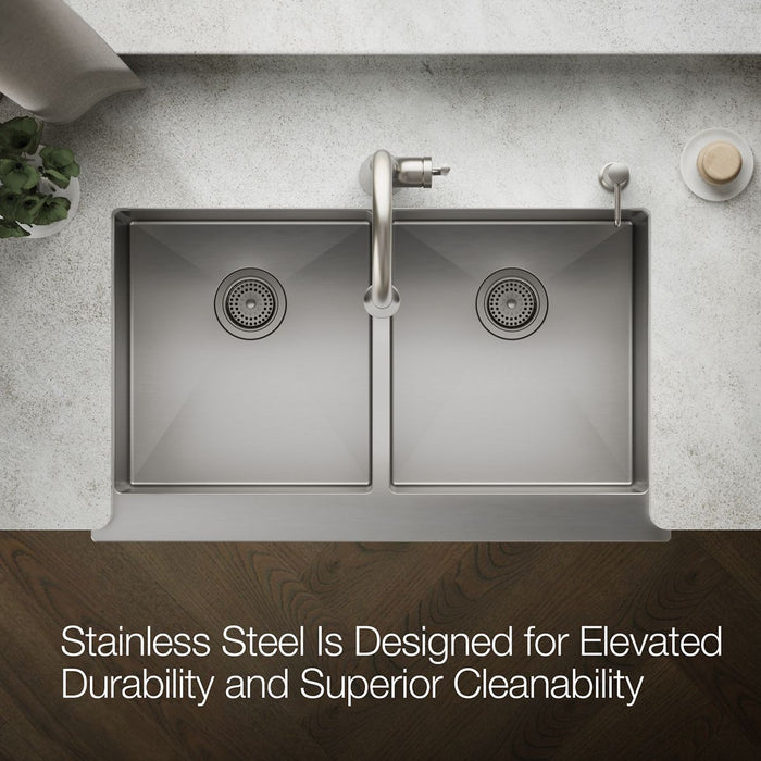 Kohler Strive 35-1/2" undermount double-bowl farmhouse kitchen sink with accessories