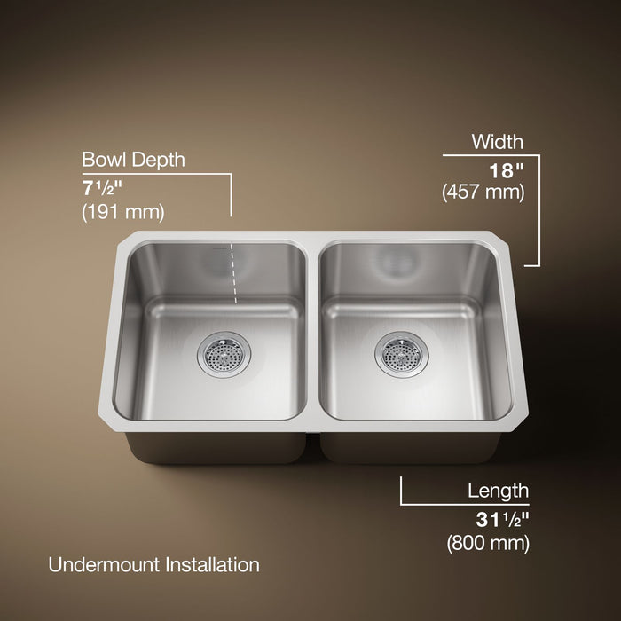 KOHLER K-3350 Undertone 31-1/2" undermount double-bowl kitchen sink