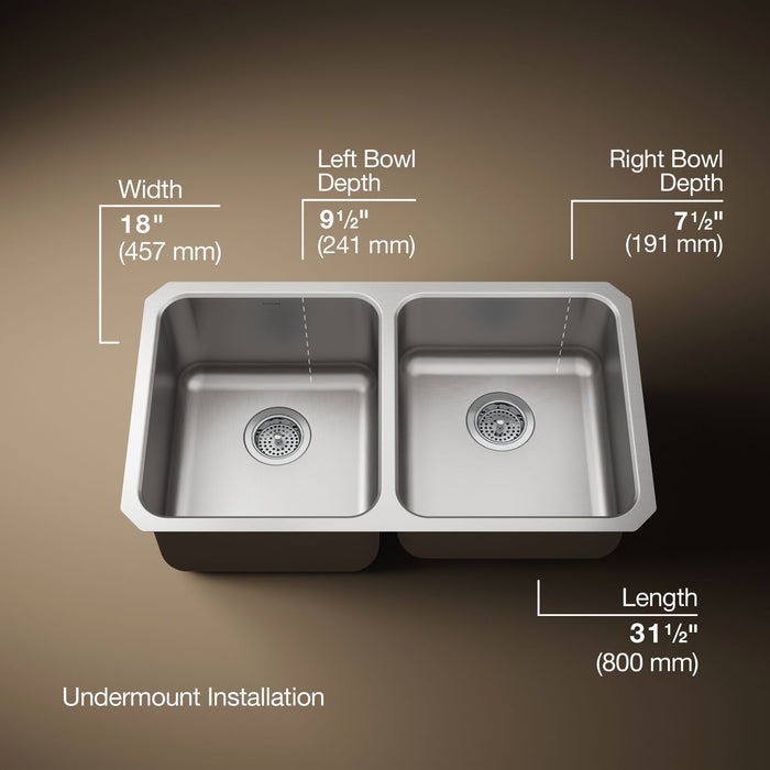 KOHLER K-3351 Undertone 31-1/2" undermount double-bowl kitchen sink
