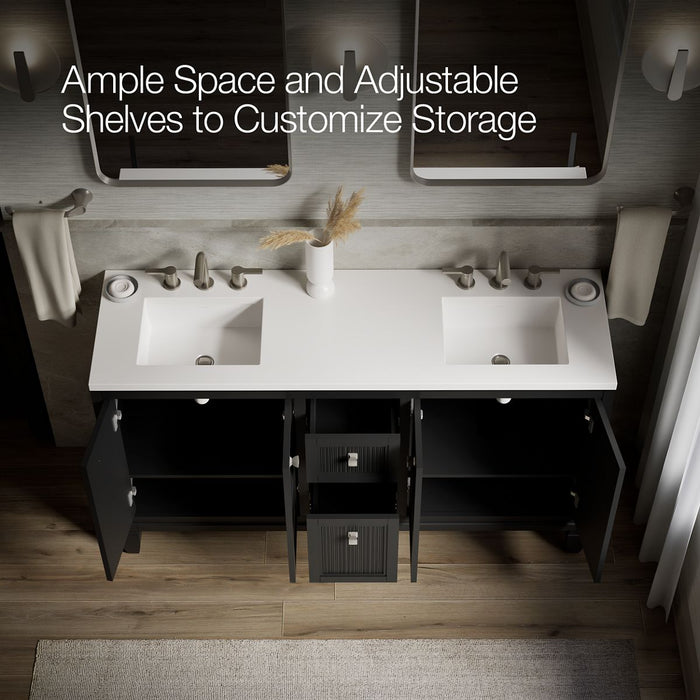Kohler Hearthaven 60" bathroom vanity cabinet with sinks and quartz top