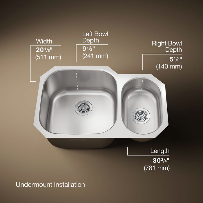 KOHLER Undertone 30-3/4" undermount double-bowl kitchen sink