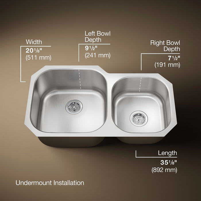 KOHLER Undertone 35-1/4 undermount double-bowl kitchen sink