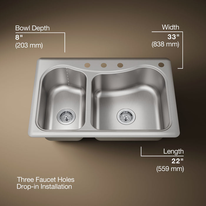 KOHLER K-3361-4 Staccato 33" top-mount double-bowl kitchen sink