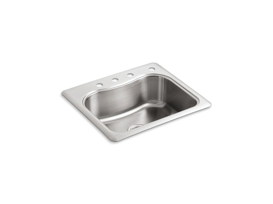 KOHLER K-3362-4 Staccato 25" x 22" x 8-5/16" top-mount single-bowl kitchen sink with 4 faucet holes, stainless steel