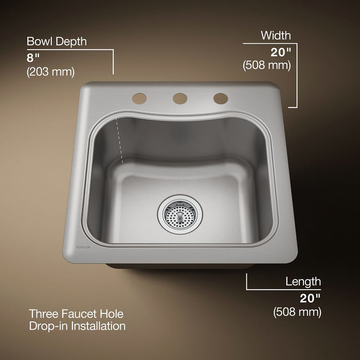 KOHLER K-3363-3 Staccato 20" top-mount single-bowl bar sink, stainless steel - view 5
