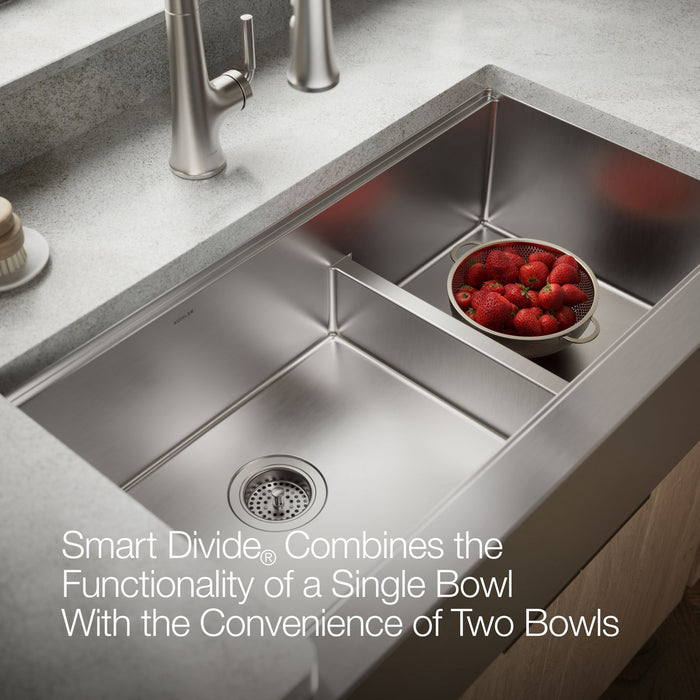 KOHLER K-33658-PC Strive Smart Divide 35-1/2” undermount double-bowl farmhouse workstation kitchen sink