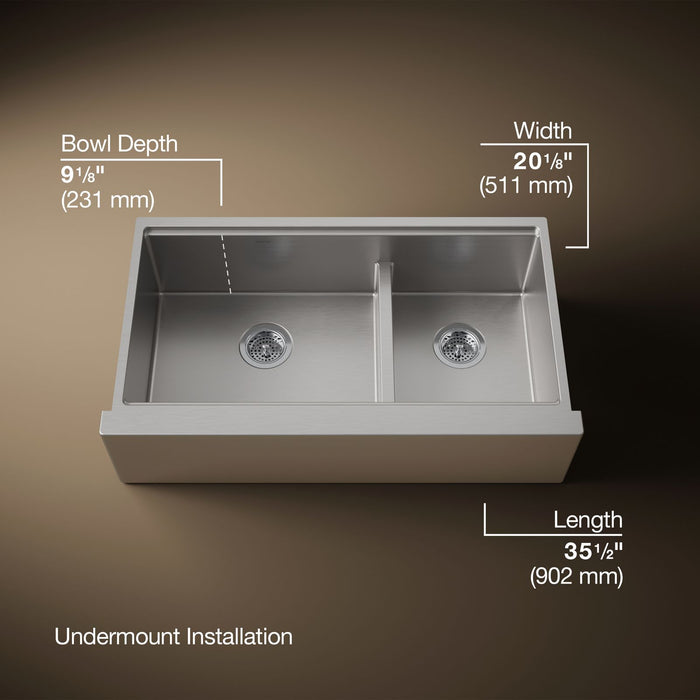 KOHLER K-33658-PC Strive Smart Divide 35-1/2” undermount double-bowl farmhouse workstation kitchen sink