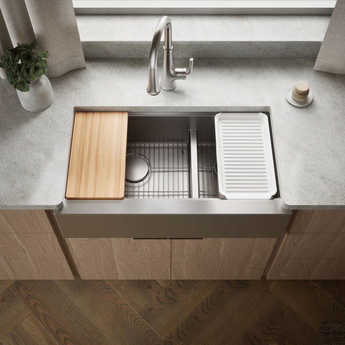 KOHLER K-33658-PC Strive Smart Divide 35-1/2” undermount double-bowl farmhouse workstation kitchen sink