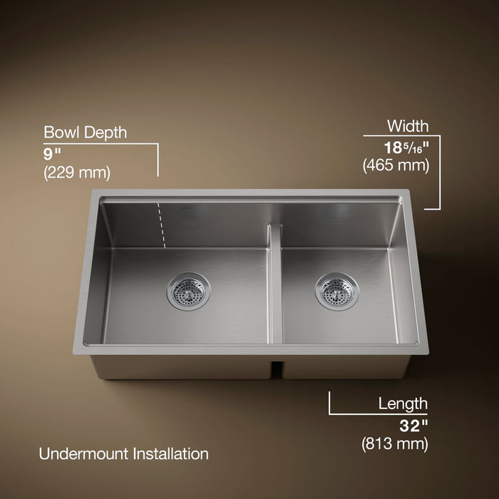 KOHLER K-33664-PC Strive Smart Divide 32" undermount double-bowl workstation kitchen sink