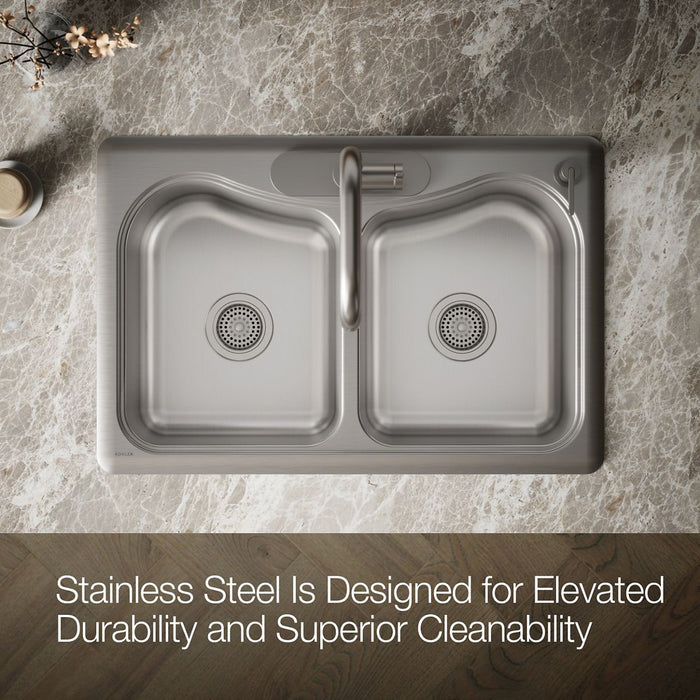 KOHLER K-3369-4 Staccato 33" top-mount double-bowl kitchen sink, stainless steel - view 4