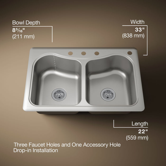 KOHLER K-3369-4 Staccato 33" top-mount double-bowl kitchen sink