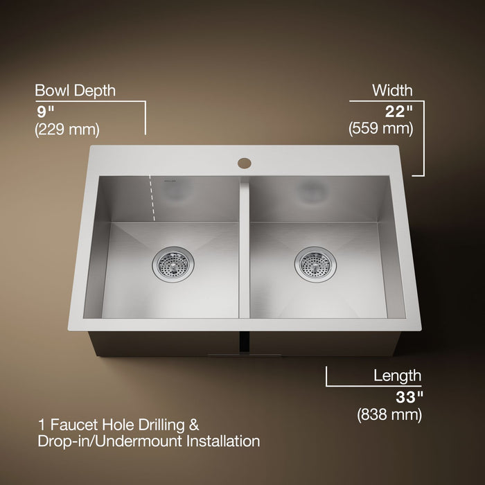 KOHLER K-3820-1 Vault 33" top-/undermount double-bowl kitchen sink