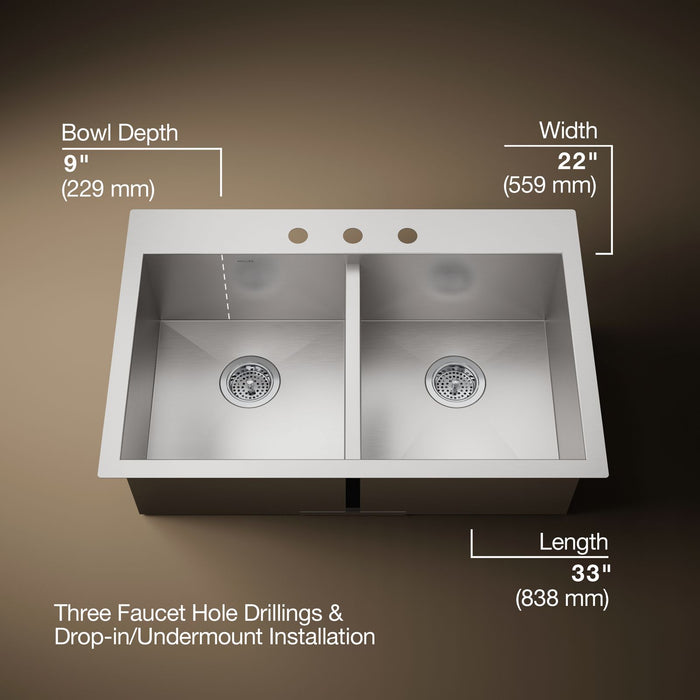 KOHLER K-3820-3 Vault 33" top-/undermount double-bowl kitchen sink