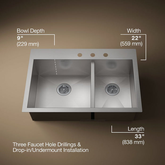 KOHLER K-3823-3 Vault 33" top-/undermount double-bowl kitchen sink, stainless steel - view 5
