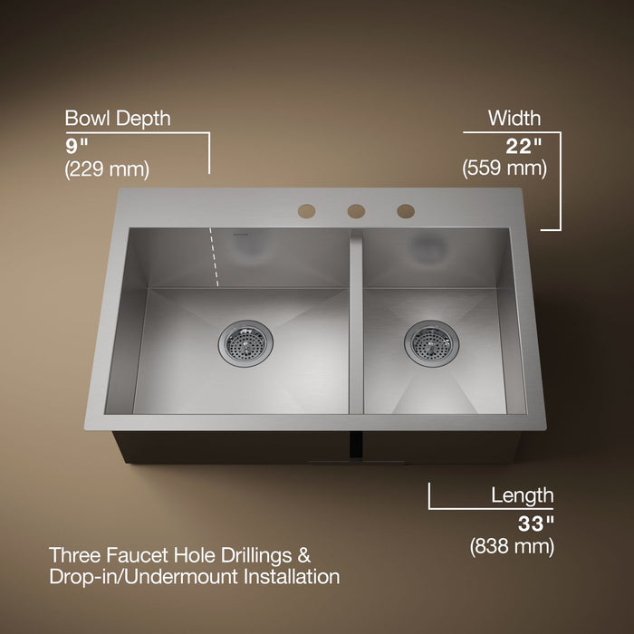 KOHLER K-3823-3 Vault 33" top-/undermount double-bowl kitchen sink