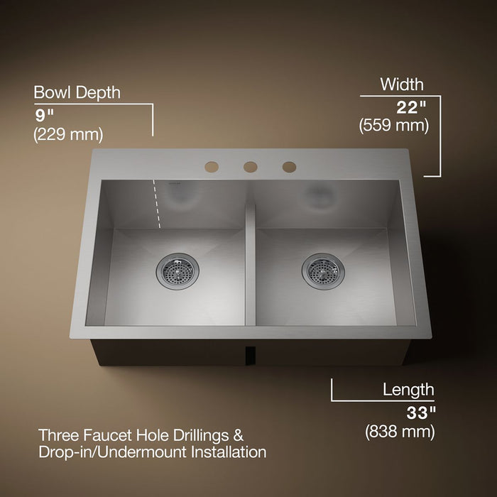 Kohler Vault Smart Divide 33" top-/undermount double-bowl kitchen sink