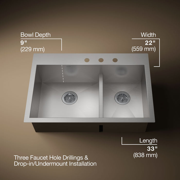 KOHLER K-3839-3 Vault Smart Divide 33" top-/undermount double-bowl kitchen sink